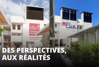 Des perspectives aux réalités : image 3D du campus et photo actuelle du campus prise sous le même angle